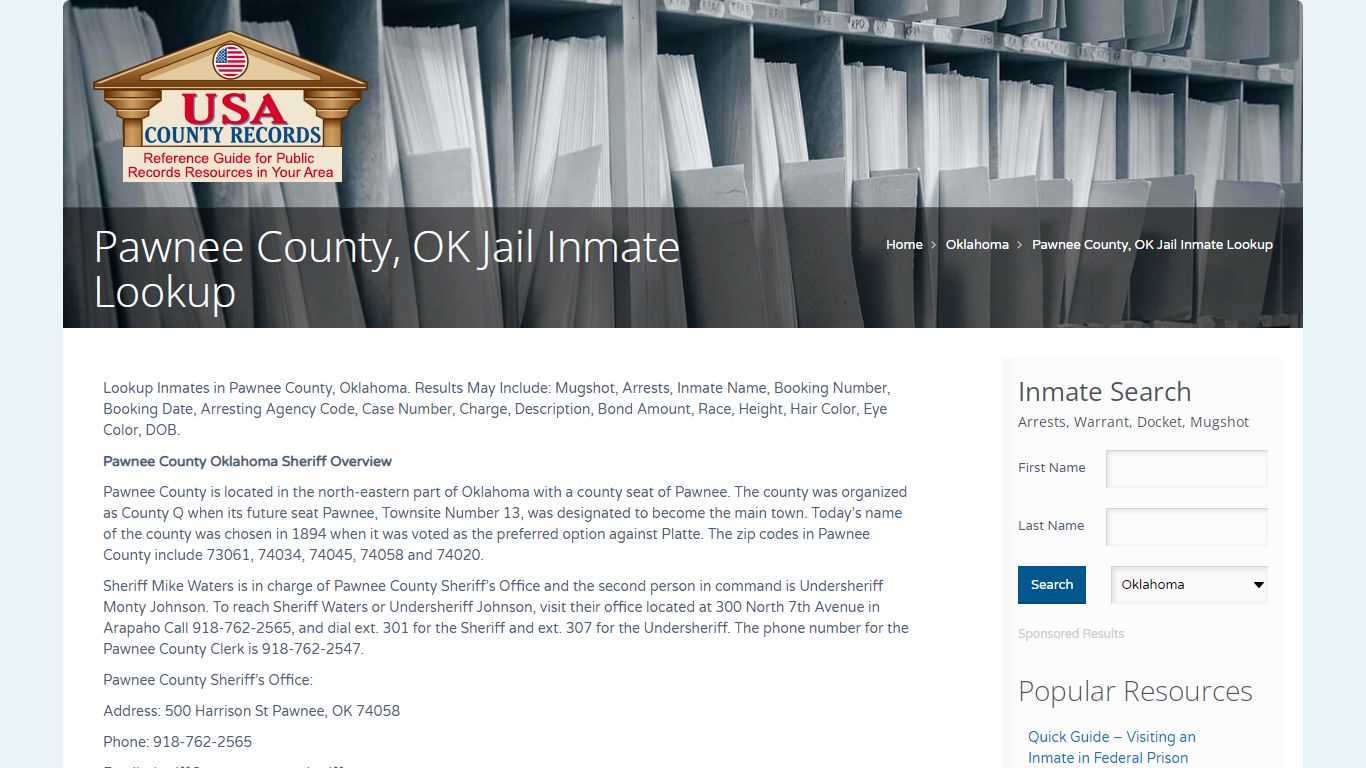 Pawnee County, OK Jail Inmate Lookup | Name Search